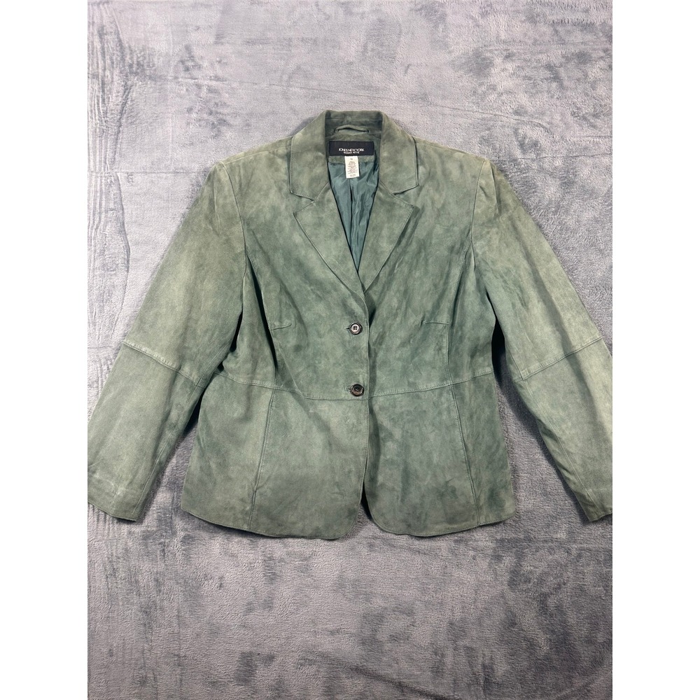 Jones New York Woman Petite 1X Sage Green Suede Leather Blazer Jacket 2 Button